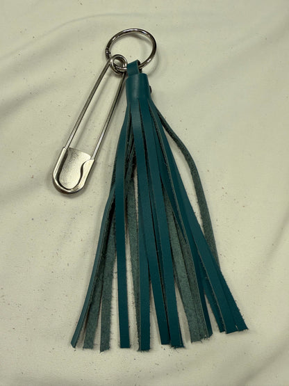 Handcut Leather Teal Tassel with Silver Tone XL Safety Pin