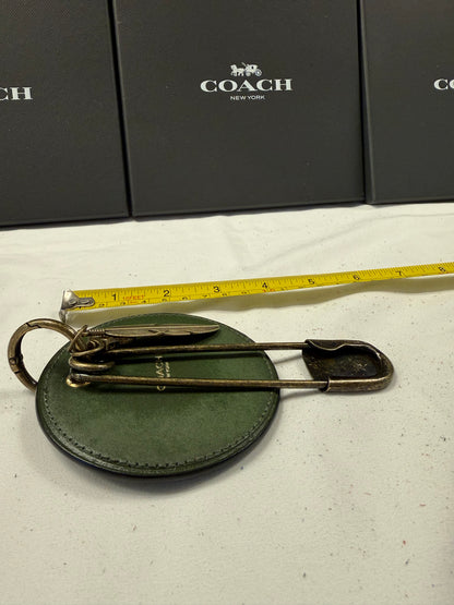Repurposed Coach Olive Coaster Distressed with Feather & XL Safety Pin Bag Charm