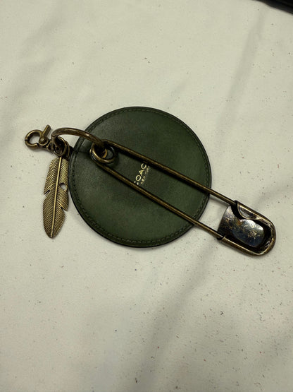 Repurposed Coach Olive Coaster Distressed with Feather & XL Safety Pin Bag Charm
