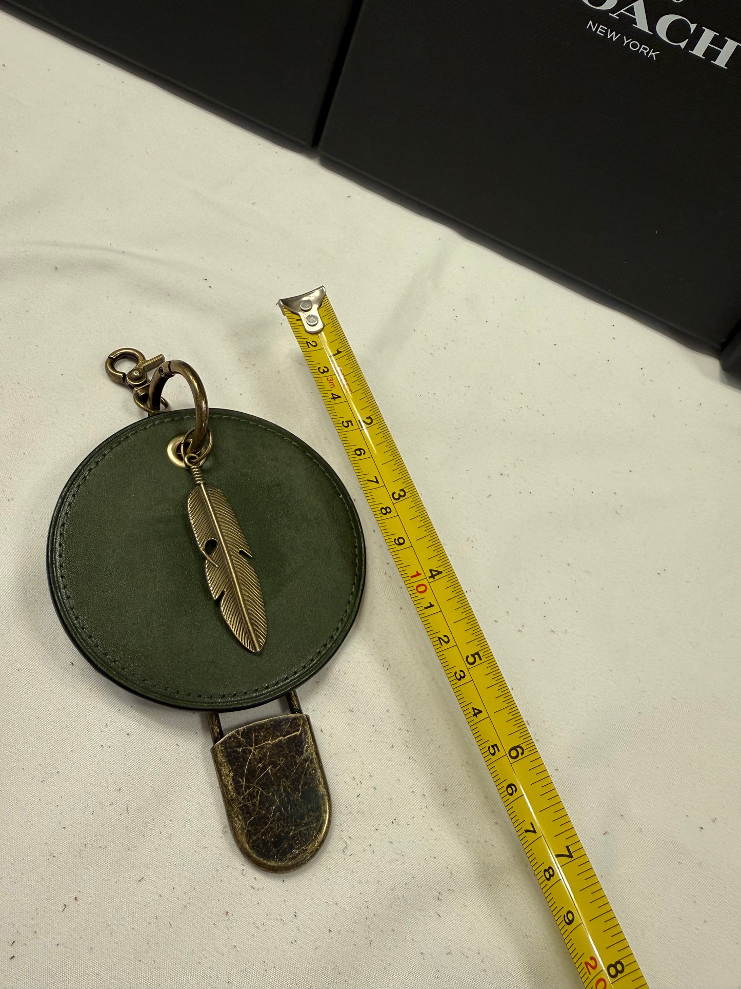 Repurposed Coach Olive Coaster Distressed with Feather & XL Safety Pin Bag Charm
