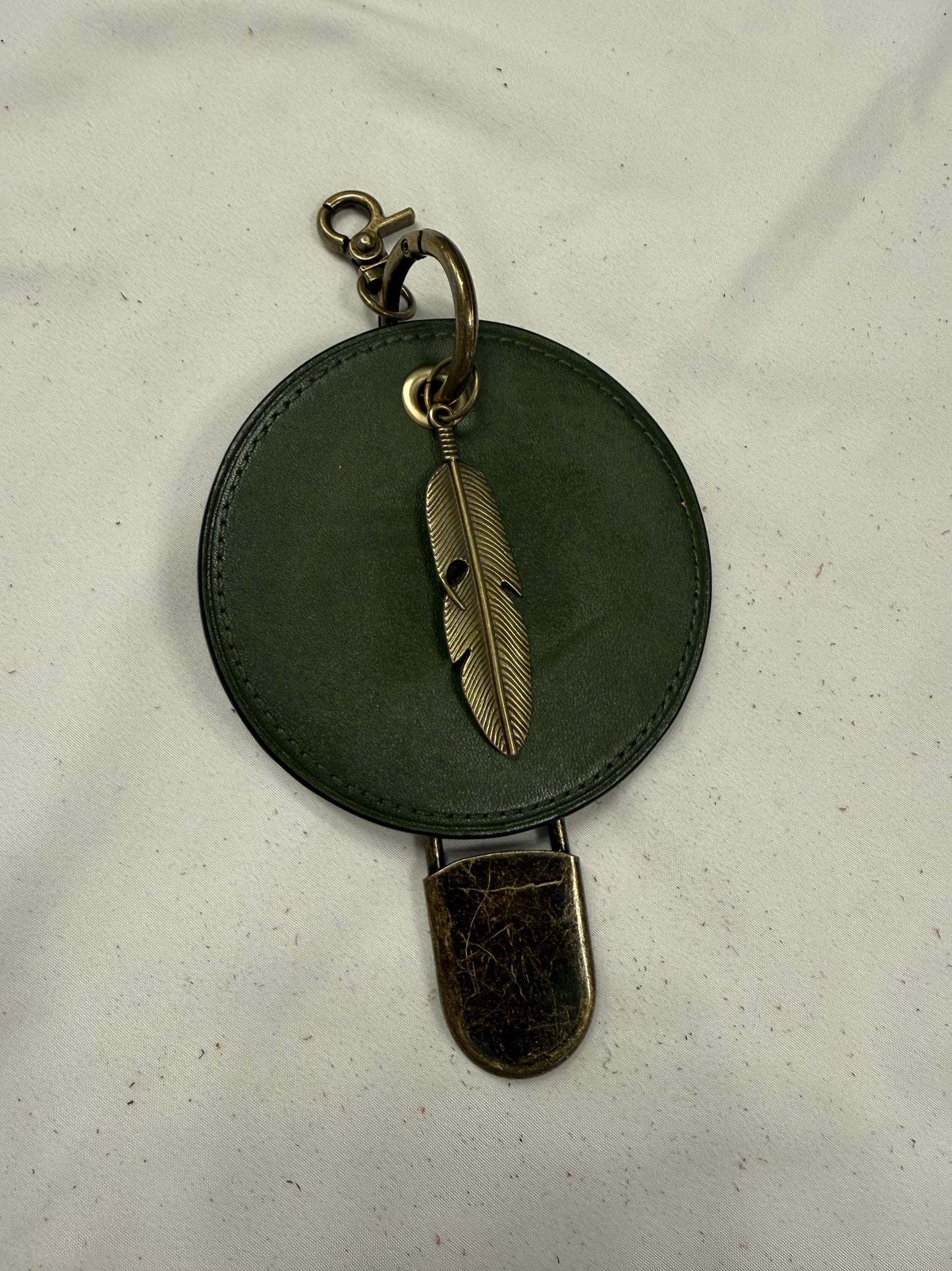Repurposed Coach Olive Coaster Distressed with Feather & XL Safety Pin Bag Charm