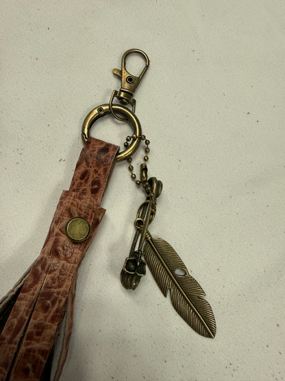 Hand cut Leather Brown Embossed Tassel with Skull Safety Pin and Feather Charm
