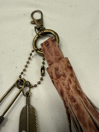 Hand cut Leather Brown Embossed Tassel with Skull Safety Pin and Feather Charm