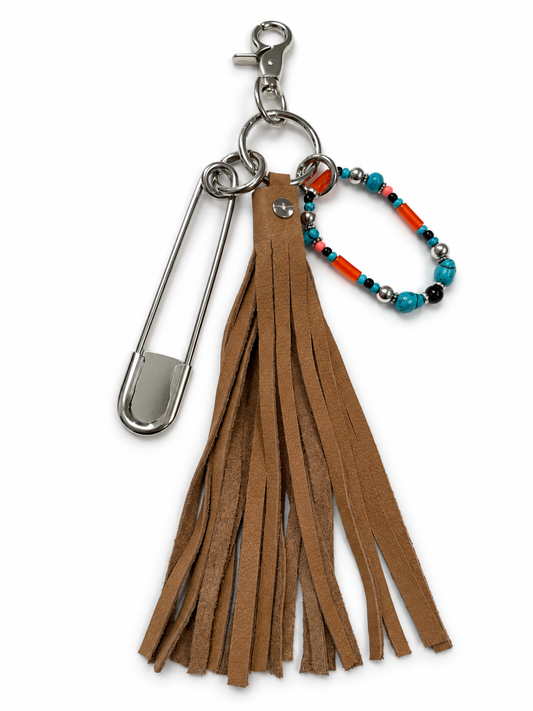 Bag Charm Cluster with Pebbled Leather Sandstone Tassel, Beaded Bracelet, and XL Safety Pin