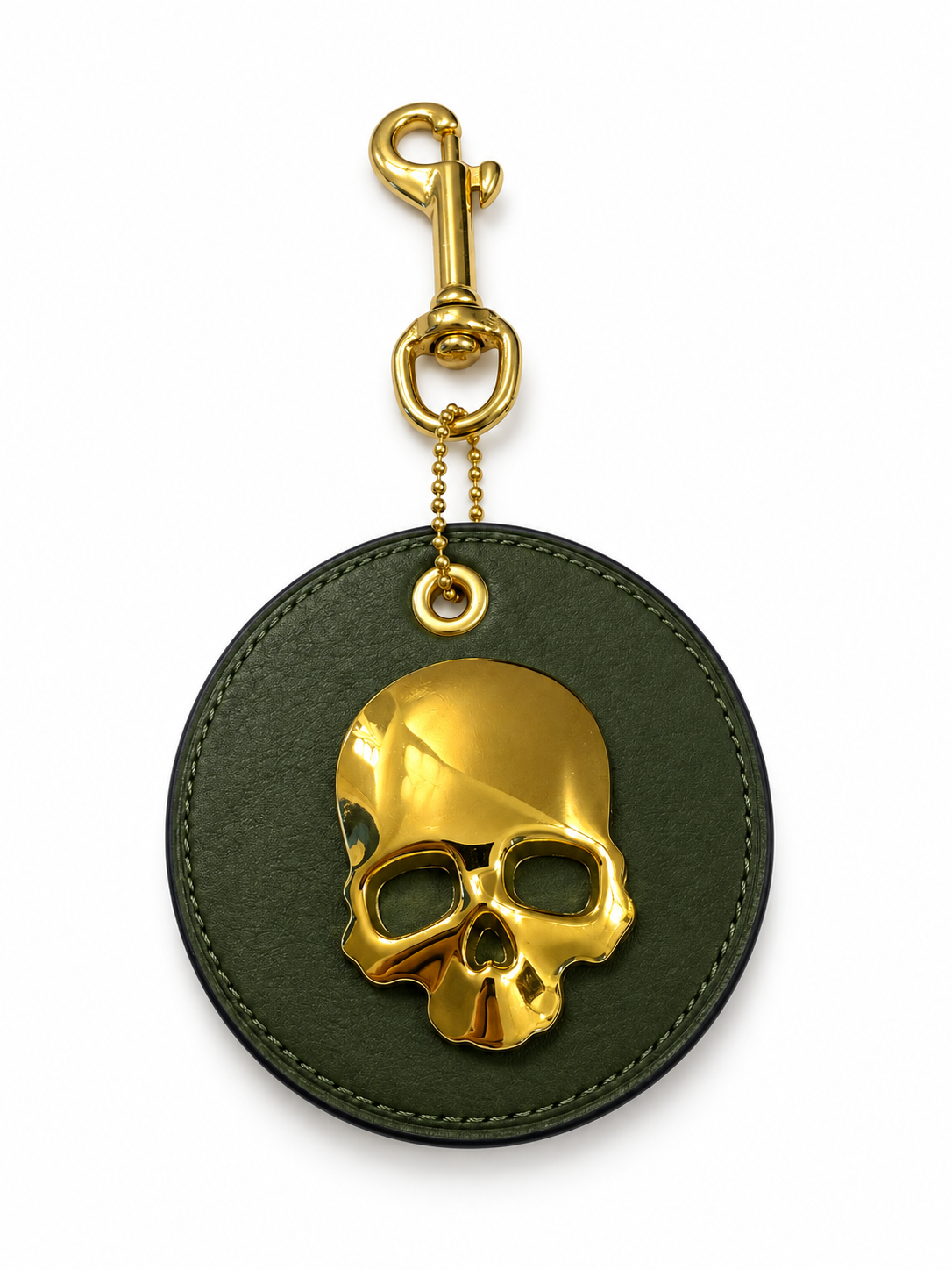 Repurposed Coach Coaster in Olive with Gold Metal Skull and Real Brass Dog Leash Clasp Bag Charm