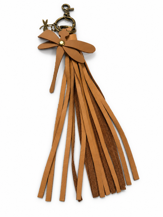 Leather Bag Charm Cluster Handmade Dragonfly and Leather Tassel
