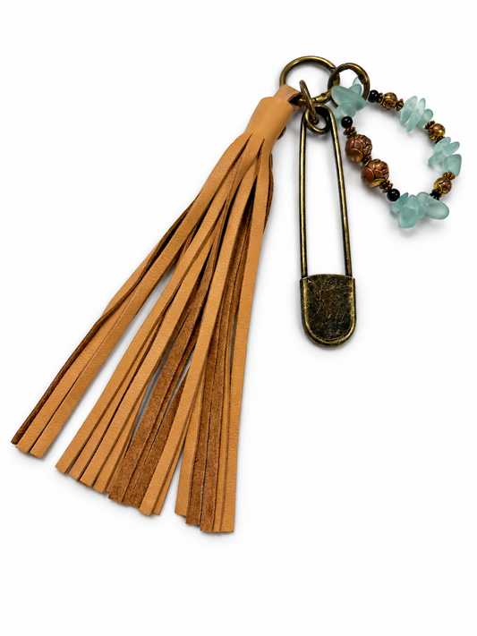 Bag Charm Cluster with Sandstone Pebbled Leather Tassel, XL Safety Pin, and Beaded Bracelet