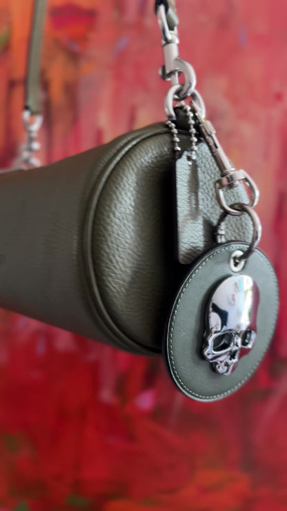 Repurposed Coach Coaster Bag Charm Olive Leather with Chrome Skull